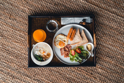 Directly above shot of breakfast served on table