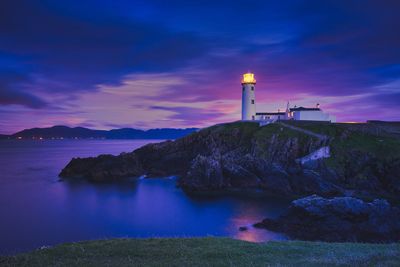 Lighthouse by sea against sky during sunset