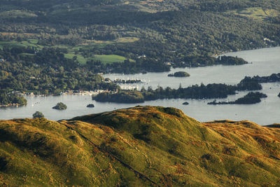 High angle view of lake and mountains