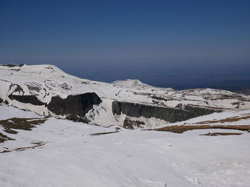 Scenic view of snowcapped mountains against clear sky