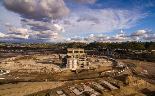 High angle view of buildings against sky