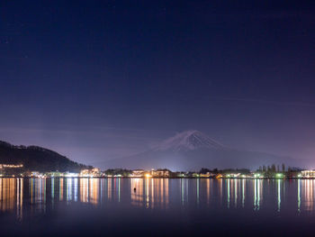 Reflection of illuminated buildings in lake at night