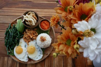 High angle view of meal served on table