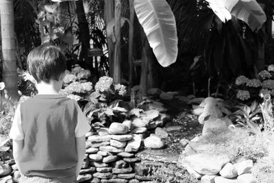 Rear view of boy standing at park