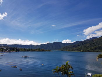 Scenic view of lake and mountains against sky