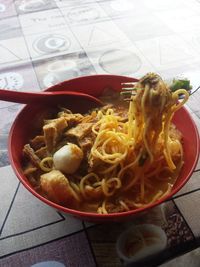 High angle view of food in bowl on table