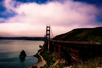 Golden gate bridge over river against cloudy sky