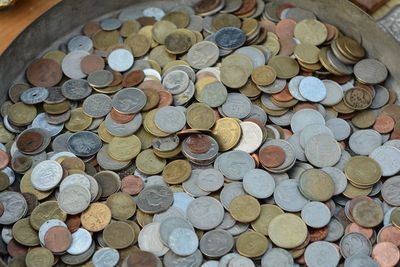High angle view of coins on floor