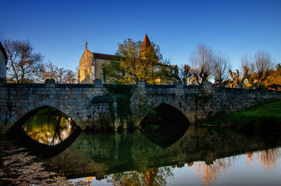 Bridge over river by temple against clear sky