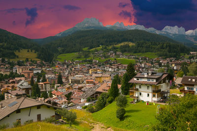 High angle view of townscape against sky during sunset