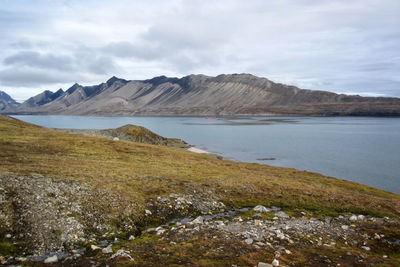 Scenic view of lake and mountains against sky