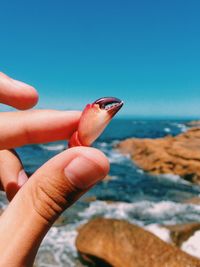 Cropped hand holding claw against beach