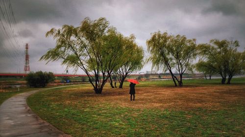 People walking on grassy field against cloudy sky