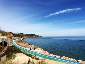 Scenic view of swimming pool by sea against sky