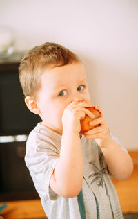 Portrait of cute boy eating apple