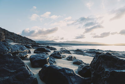 Sunrise over the volcanic beach of costa calma fuerteventura