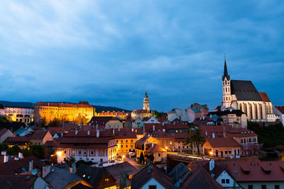 High angle view of illuminated buildings in city