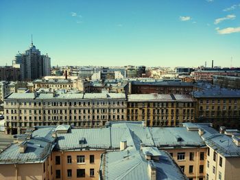 High angle view of buildings in city