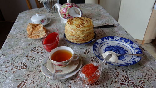 High angle view of breakfast on table