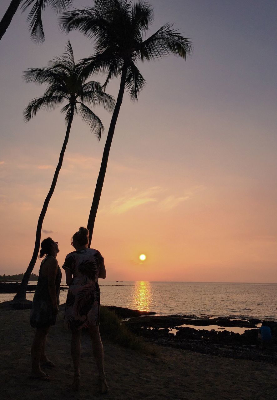 SILHOUETTE PEOPLE ON BEACH AGAINST SKY DURING SUNSET