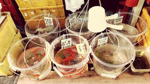 High angle view of wine in glass for sale at market