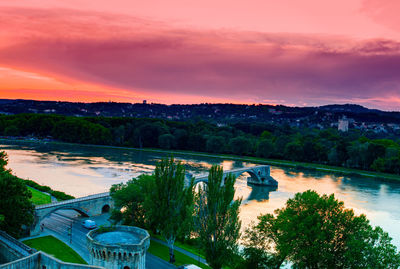 High angle view of river against orange sky