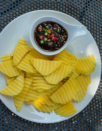 High angle view of breakfast served on table