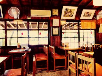 Empty chairs and tables in building