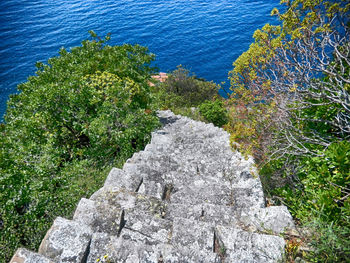 High angle view of rocks by sea