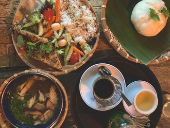 High angle view of breakfast served on table