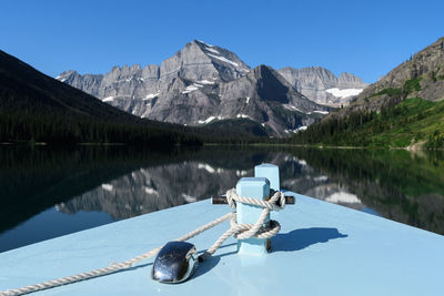 Reflection of mountains in lake against blue sky