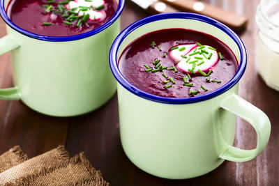 High angle view of soup in bowl on table