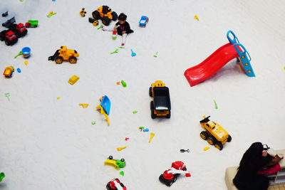 High angle view of toys on table