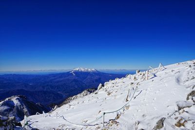 Scenic view of snowcapped mountains against blue sky