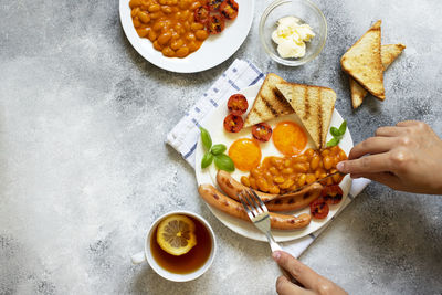 High angle view of breakfast served on table