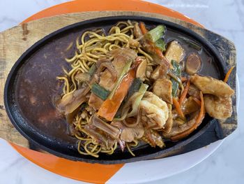 High angle view of noodles in bowl on table