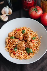 Close-up of pasta served in plate