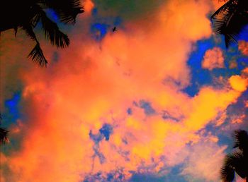 Low angle view of silhouette palm trees against orange sky