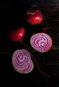 High angle view of strawberries on table