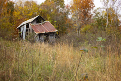 Abandoned house amidst trees on landscape