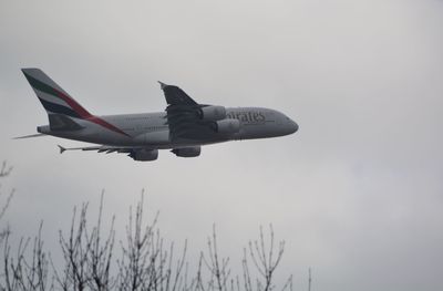 Low angle view of airplane flying against sky