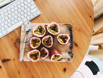 High angle view of passion fruits served on table