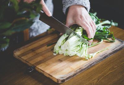 Midsection of man preparing food on cutting board