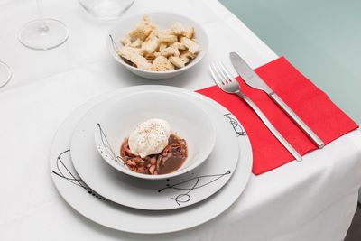 High angle view of food in plate on table