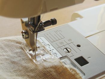 High angle view of burlap on sewing machine