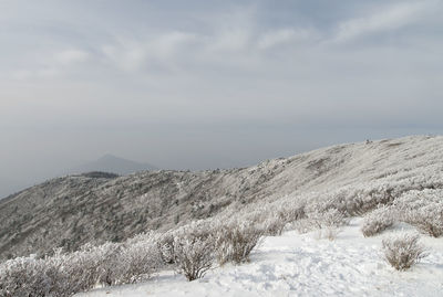 Scenic view of mountains against sky during winter