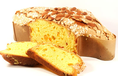 Close-up of cake against white background