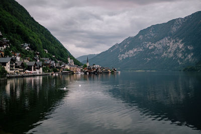 Scenic view of lake by mountains against sky