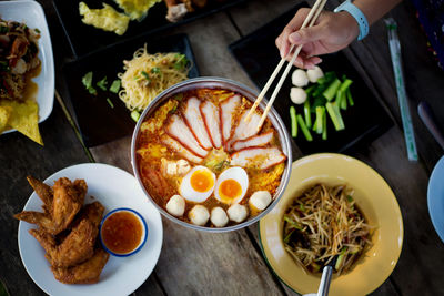 High angle view of breakfast on table