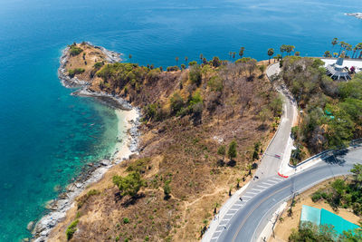 High angle view of road by sea